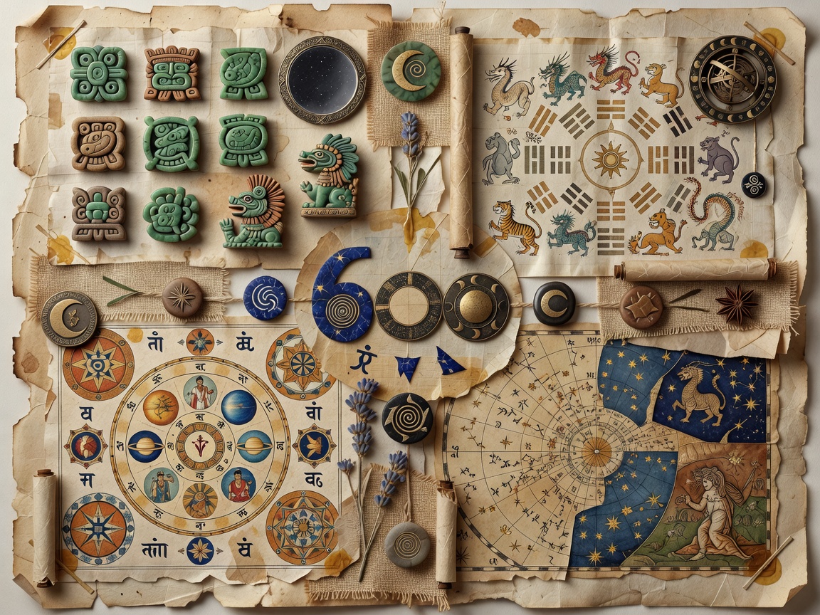 Collage-style imagery representing global astrology traditions