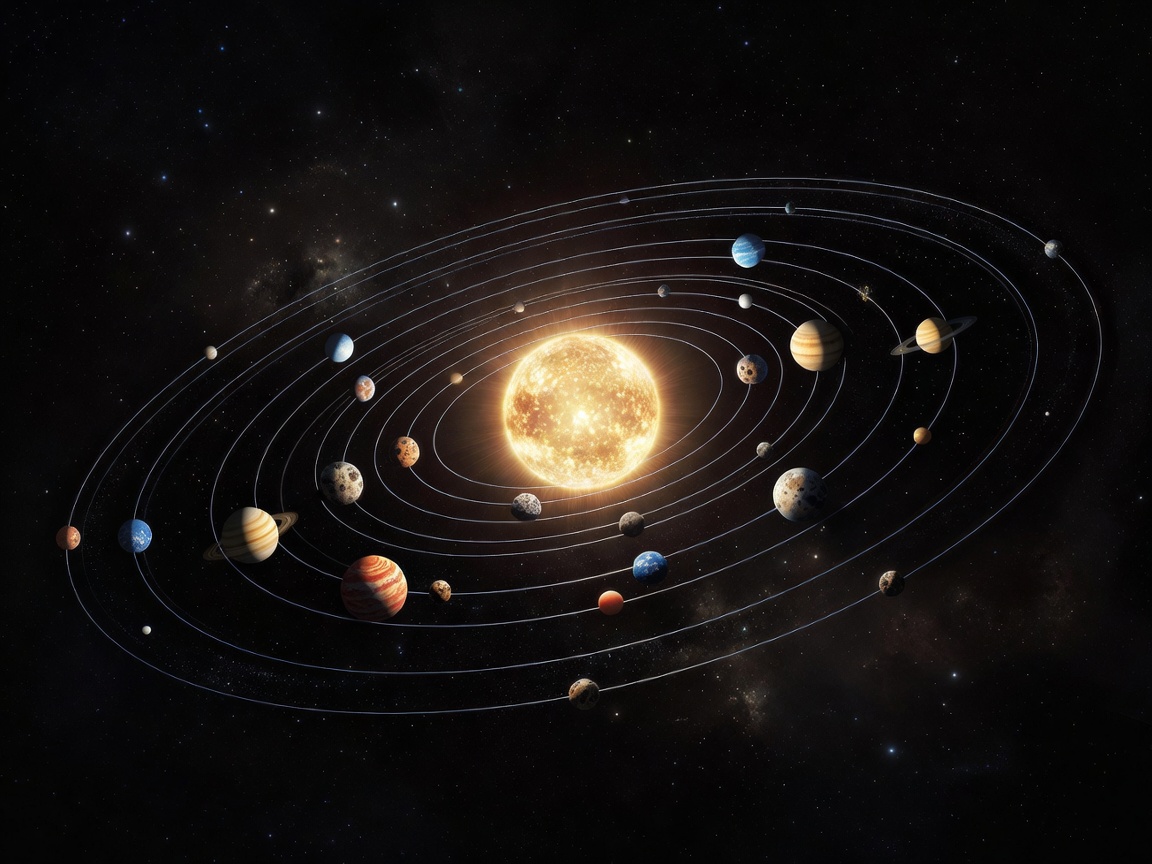 Illustration of planetary orbits around a bright central sun
