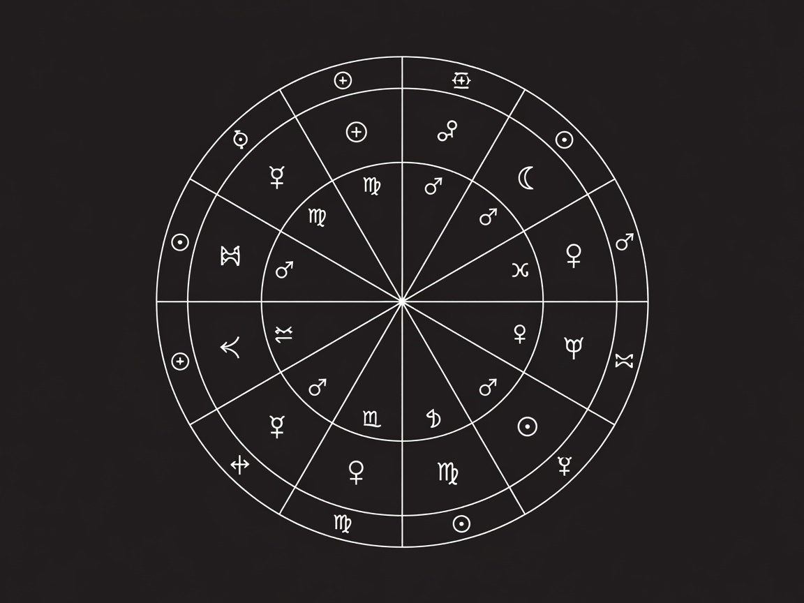 Natal chart wheel with house divisions and planetary glyphs