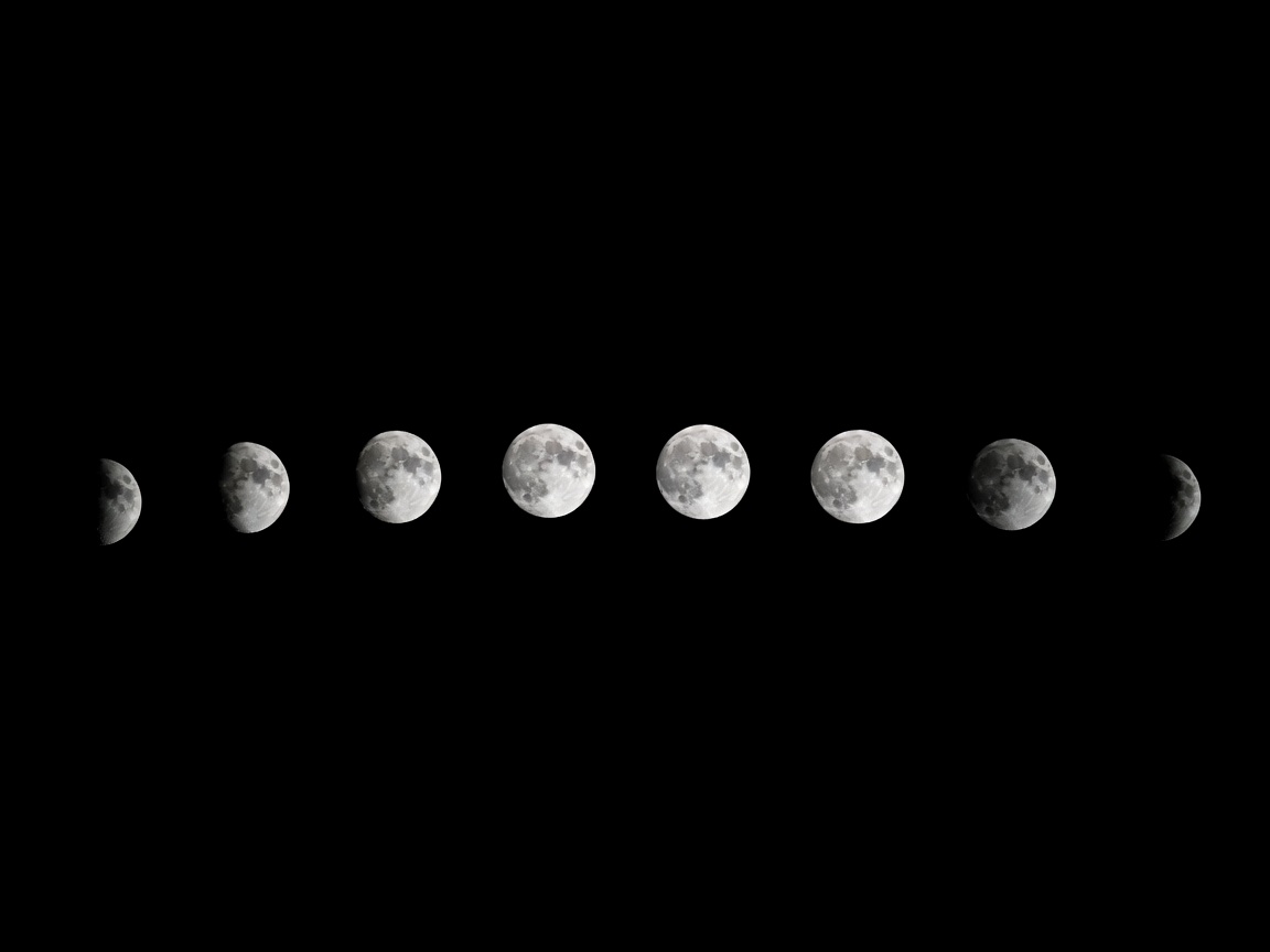 Sequence of the moon's phases displayed against a dark sky